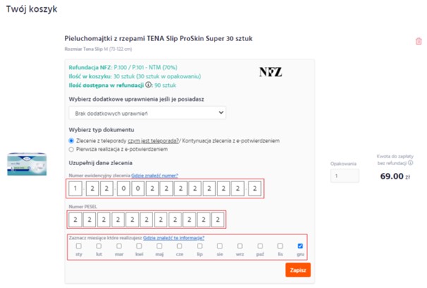 zaopatrzenie medyczne pieluchomajtki numer